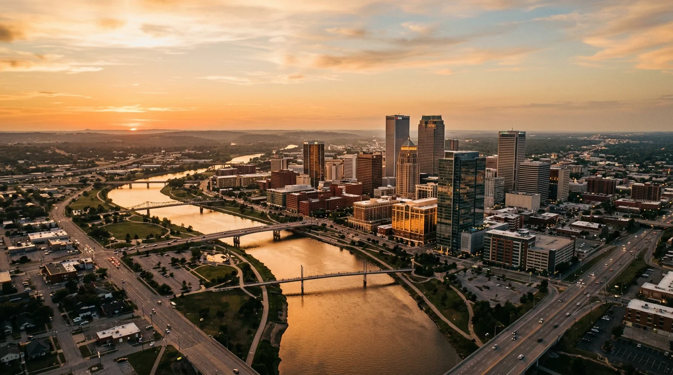 Downtown Tulsa Oklahoma skyline at golden hour with the Arkansas River